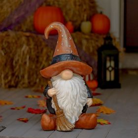 Halloween Garden Gnome Warlock with Broom and Brown Hat "The Hobglobins"