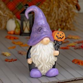 Halloween Garden Gnome Wizard with Pumpkin Wand & Purple Hat "The Hobglobins"