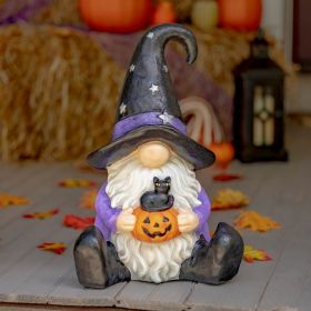 Halloween Garden Gnome Witch Holding Jack-O-Lantern and Kitten "The Hobglobins"