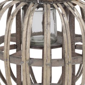 Lattice Design Round Lantern with Glass Hurricane Candle Holder,Small,Brown