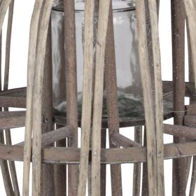 Lattice Design Round Lantern with Glass Candle Holder, Large, Brown