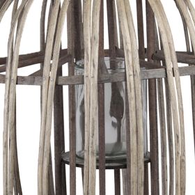 Lattice Design Round Lantern with Glass Hurricane Candle Holder, Brown