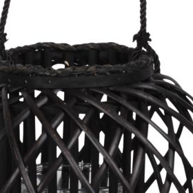 Round Bellied Lattice Design Lantern with Glass Candle Holder,Large,Black