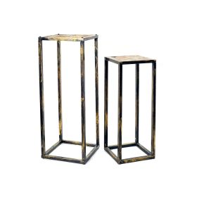 Stone Top Plant Stand with Tubular Legs, Set of 2, Black and Gray