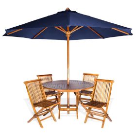 6-Piece 4-Ft Teak Round Folding Table Set With Blue Umbrella