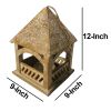 Floral Engraved Decorative Temple Top Mango Wood Hanging Bird House with Feeder, Brown