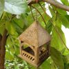 Floral Engraved Decorative Temple Top Mango Wood Hanging Bird House with Feeder, Brown