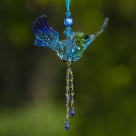 Set of 6 Assorted Short Acrylic Blue Jay Ornaments with Beaded Tassel