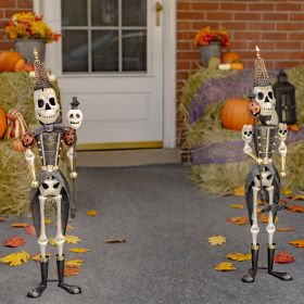 36" Tall Set of 2 Small Halloween Skeleton Soldiers Holding Staffs