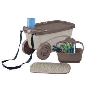 Outdoor Rolling Garden Scooter with Wheels & Pull Strap, Light Taupe, 14.5 in D x 24.25 in H x 13.5 in W