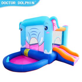 Elephant Inflatable Castle Blue Bounce House w/ Slide Ball Pool and 350W Blower