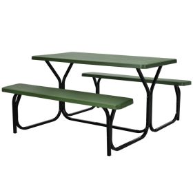 All Weather Outdoor Picnic Table Bench Set with Metal Base Wood (Color: Green)